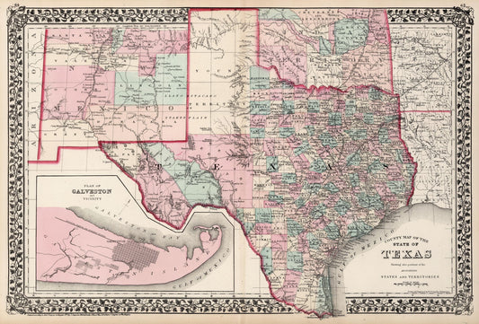 Historic State Map - Texas Counties - Gamble 1876 - 33.91 x 23 - Vintage Wall Art