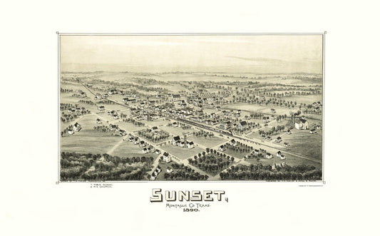 Historic Panoramic View - Sunset Texas - Fowler 1890 - 23 x 37.03 - Vintage Wall Art