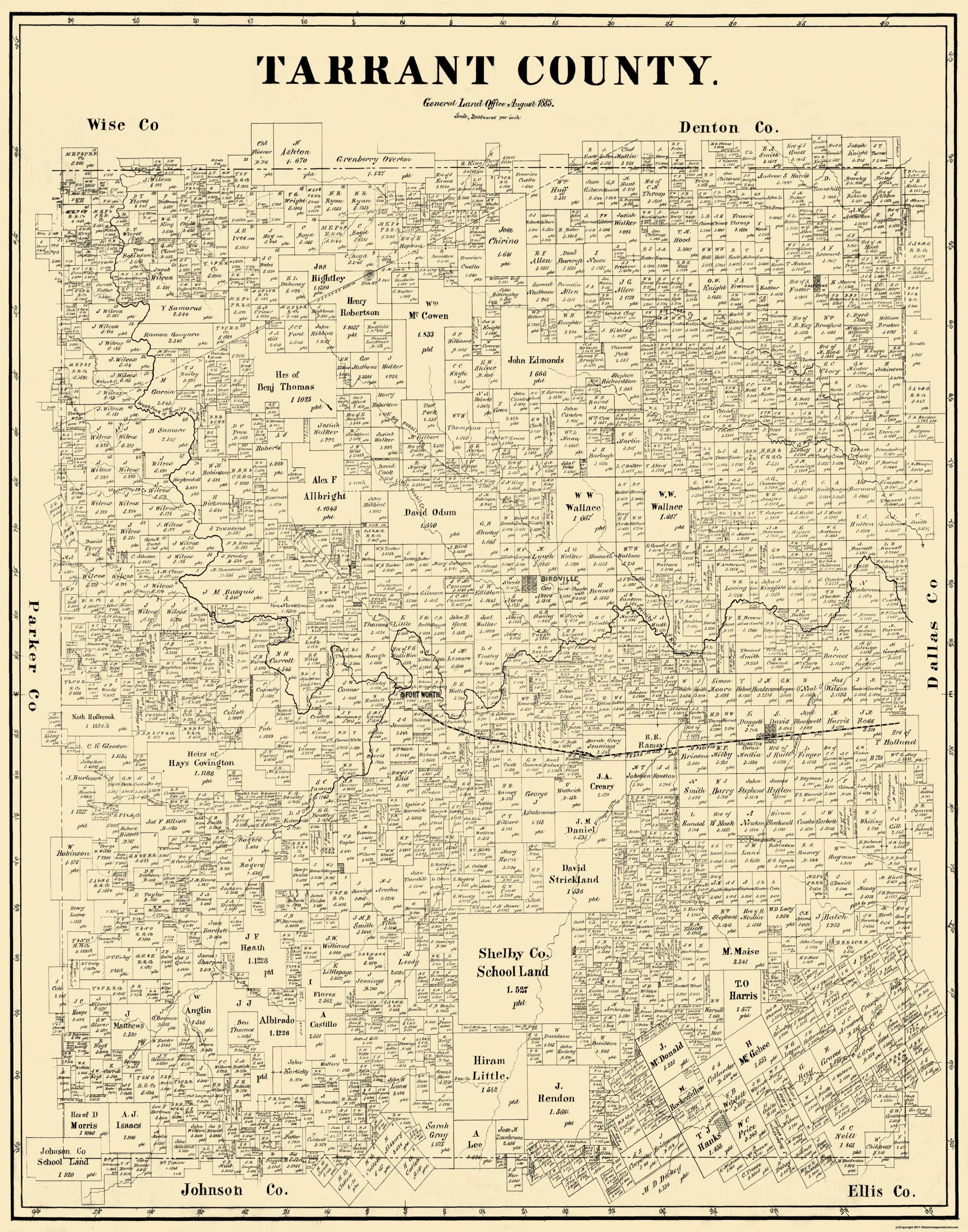 Historic County Map - Tarrant County Texas- General Land Office 1885 ...