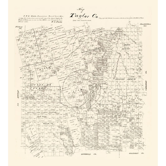 Historic County Map - Taylor County Texas - Walsh 1879 - Vintage Wall Art