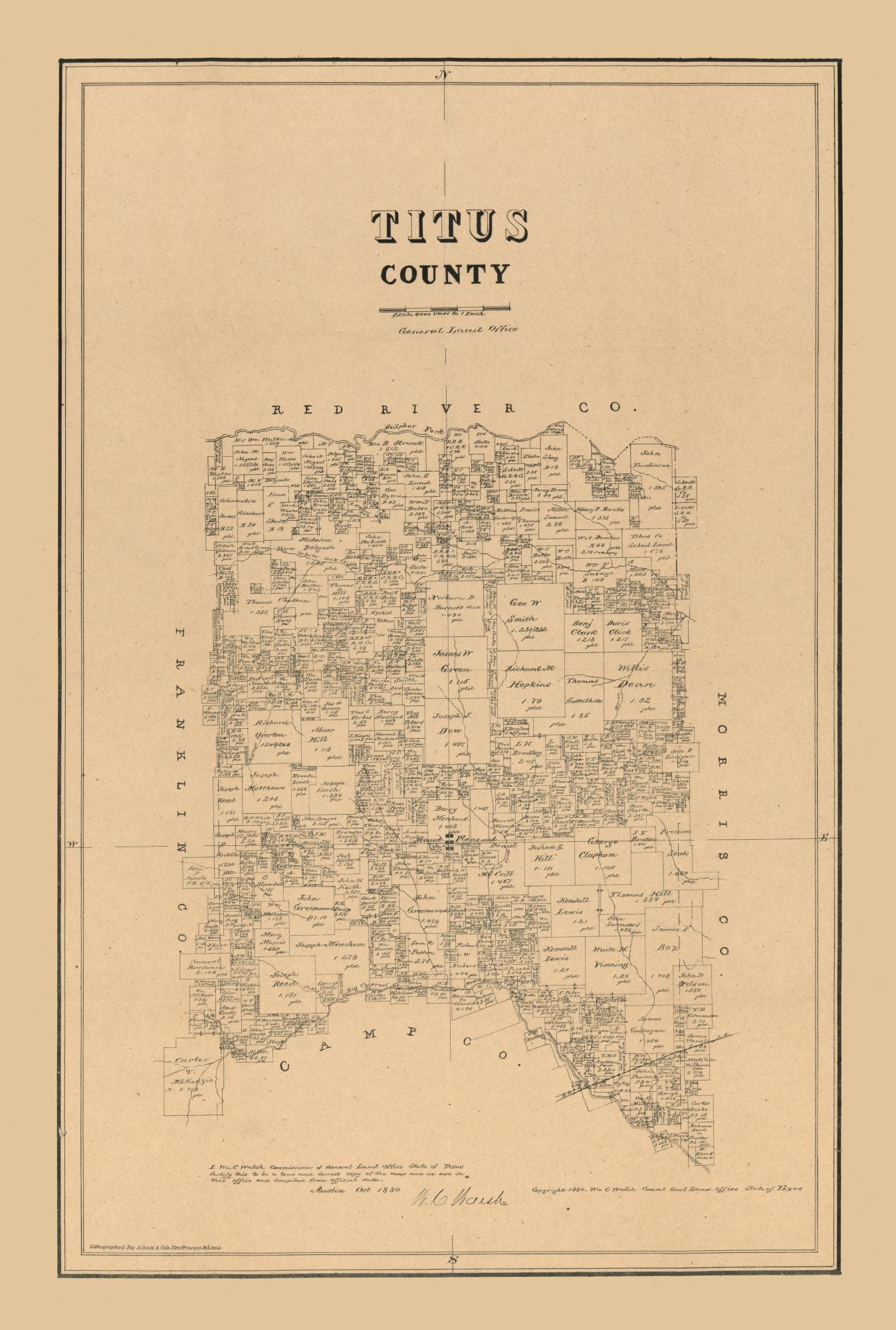 Historic County Map - Titus County Texas - Walsh 1880 - 23 x 34.12 - Vintage Wall Art