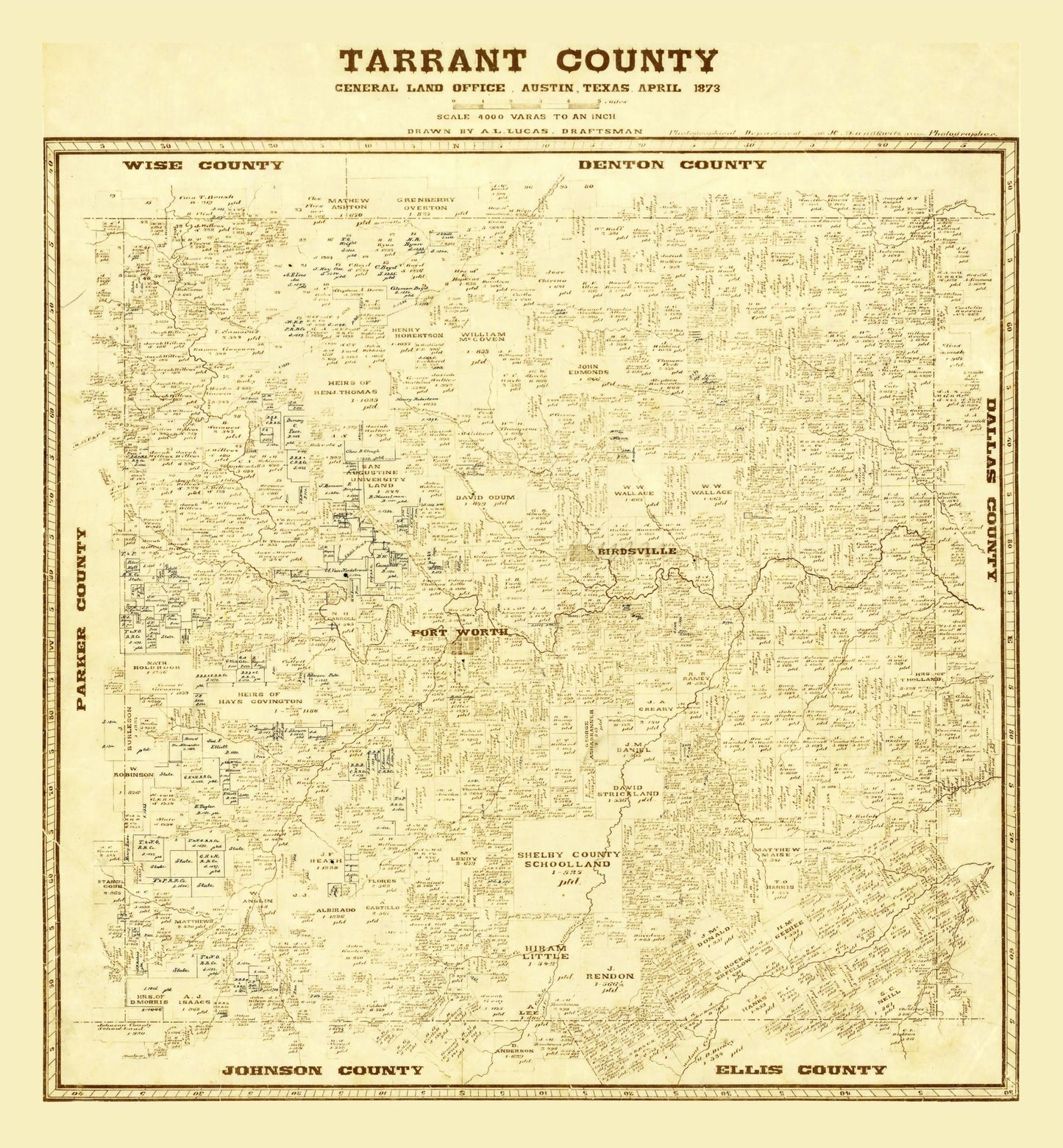 Historic County Map - Tarrant County Texas - Lucas 1873 - 23 x 24.84 - Vintage Wall Art