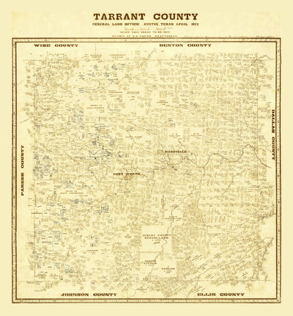 Historic County Map - Tarrant County Texas - Lucas 1873 - 23 x 24.84 - Vintage Wall Art