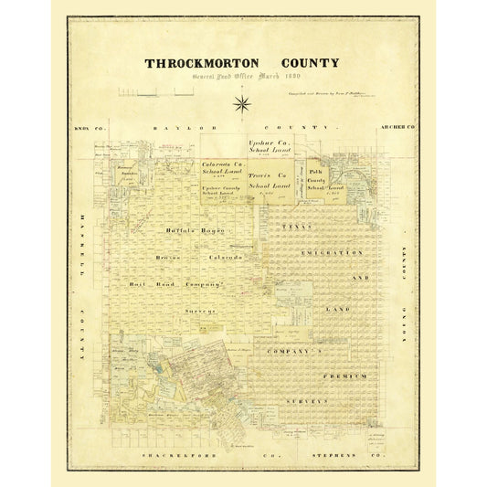 Historic County Map - Throckmorton County Texas - Matthews 1880 - Vintage Wall Art