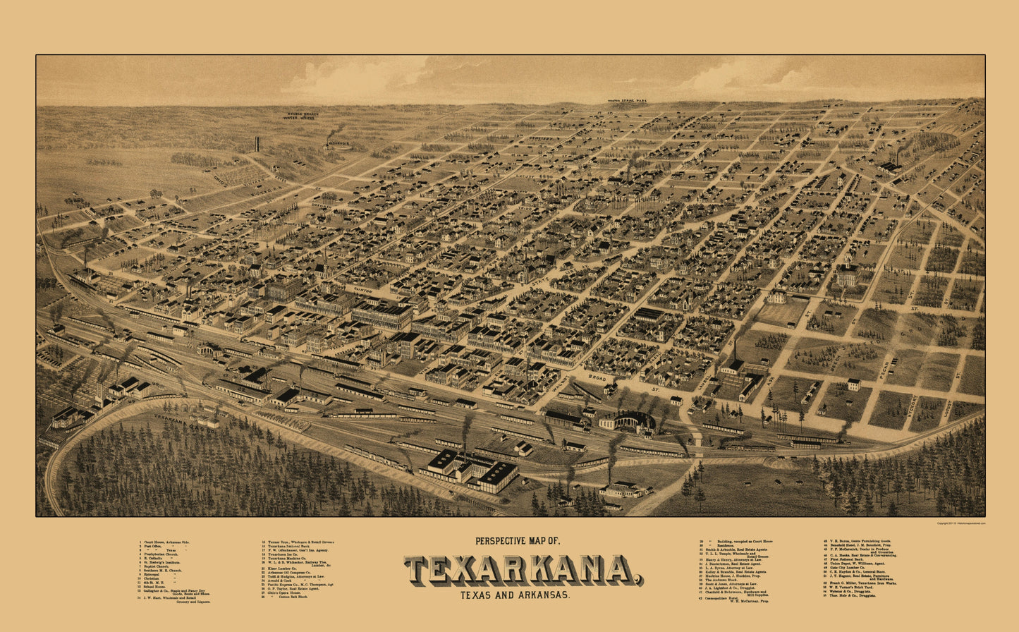 Historic Panoramic View - Texarkana Texas - Wellge 1888 - 23 x 37.11 - Vintage Wall Art