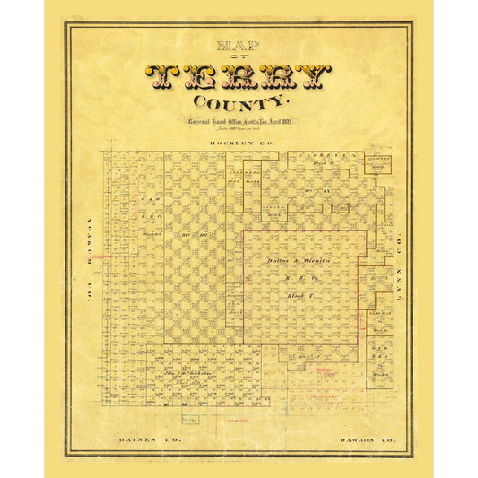 Historic County Map - Terry County Texas - General Land Office 1893 - Vintage Wall Art