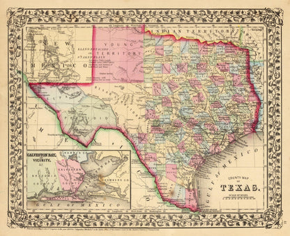 Historic State Map - Texas - Mitchell 1870 - 23.20 x 23 - Vintage Wall Art