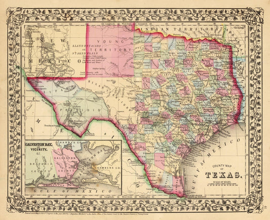 Historic State Map - Texas - Mitchell 1870 - 23.20 x 23 - Vintage Wall Art