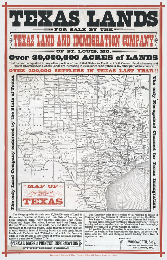Historic State Map - Texas Lands Sale - Woodworth - 23 x 35.75 - Vintage Wall Art