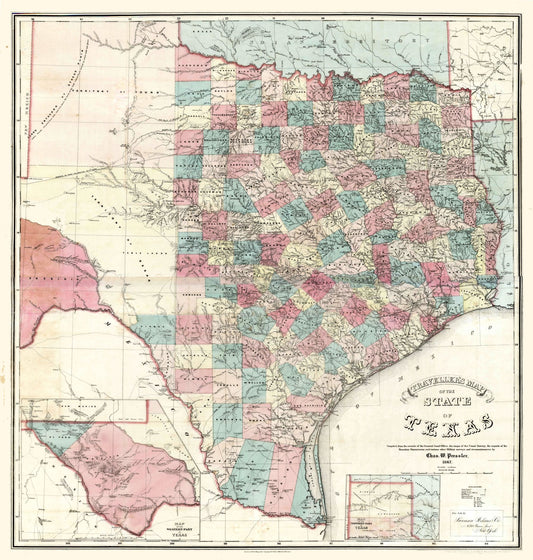 Historic State Map - Texas Travellers - Pressler 1867 - 23 x 24.19 - Vintage Wall Art