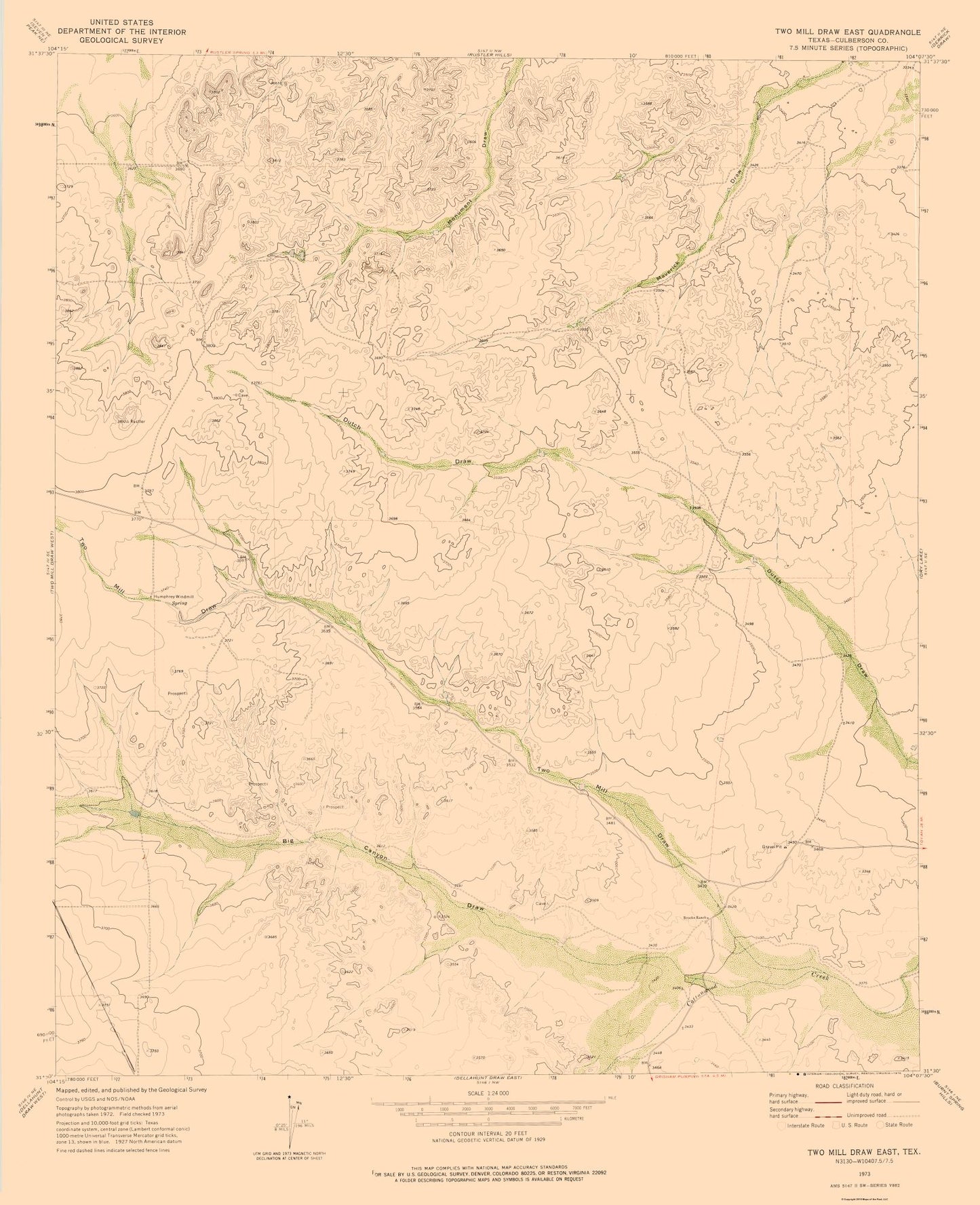 Topographical Map - Two Mill Draw Texas East Quad - USGS 1973 - 23 x 28.28 - Vintage Wall Art