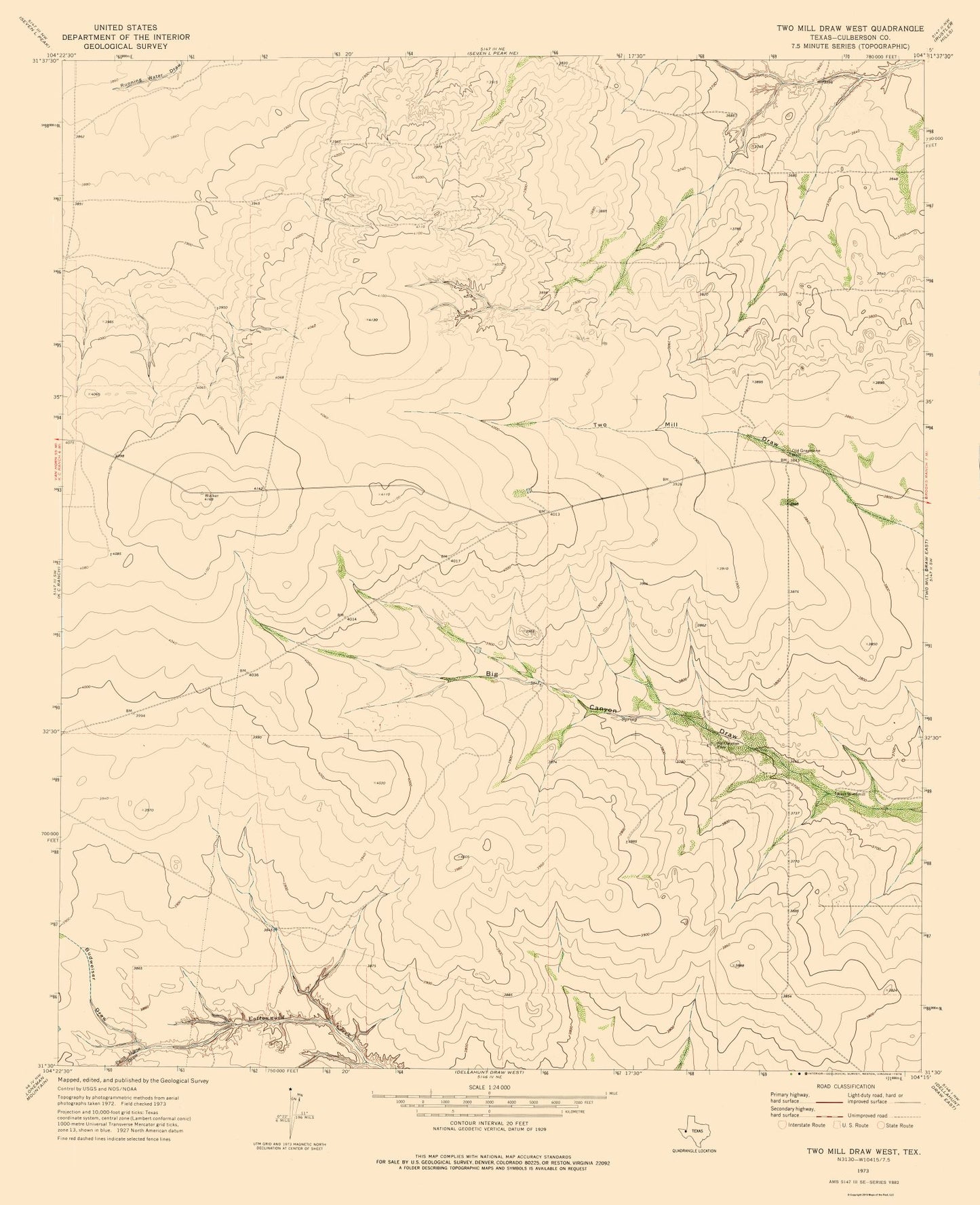 Topographical Map - Two Mill Draw Texas West Quad - USGS 1973 - 23 x 28.27 - Vintage Wall Art