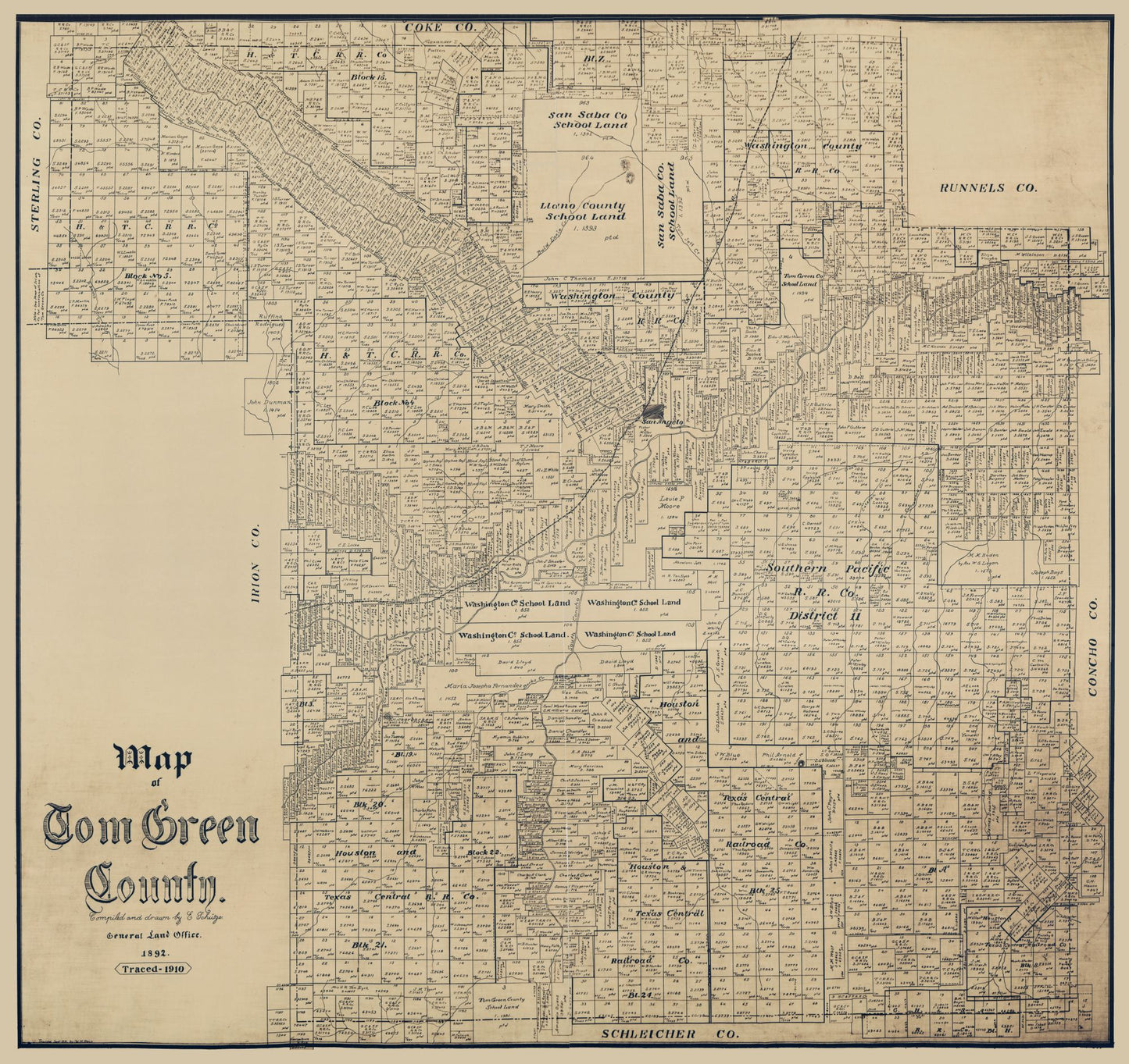 Historic County Map - Tom Green County Texas - Schutze 1892 - 24.38 x 23 - Vintage Wall Art