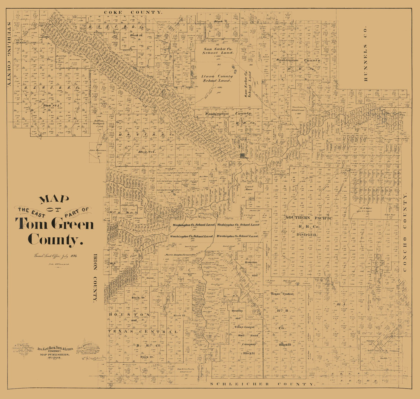 Historic County Map - Tom Green County East Texas - McGaughey 1894 - 24.17 x 23 - Vintage Wall Art