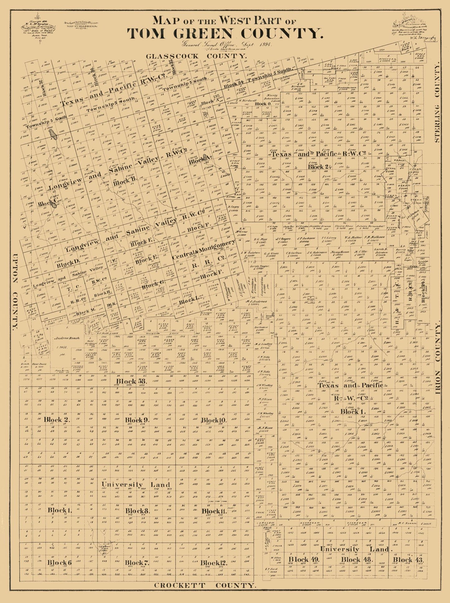 Historic County Map - Tom Green County West - McCaughy 1894 - 23 x 30.80 - Vintage Wall Art