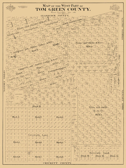 Historic County Map - Tom Green County West - McCaughy 1894 - 23 x 30.80 - Vintage Wall Art