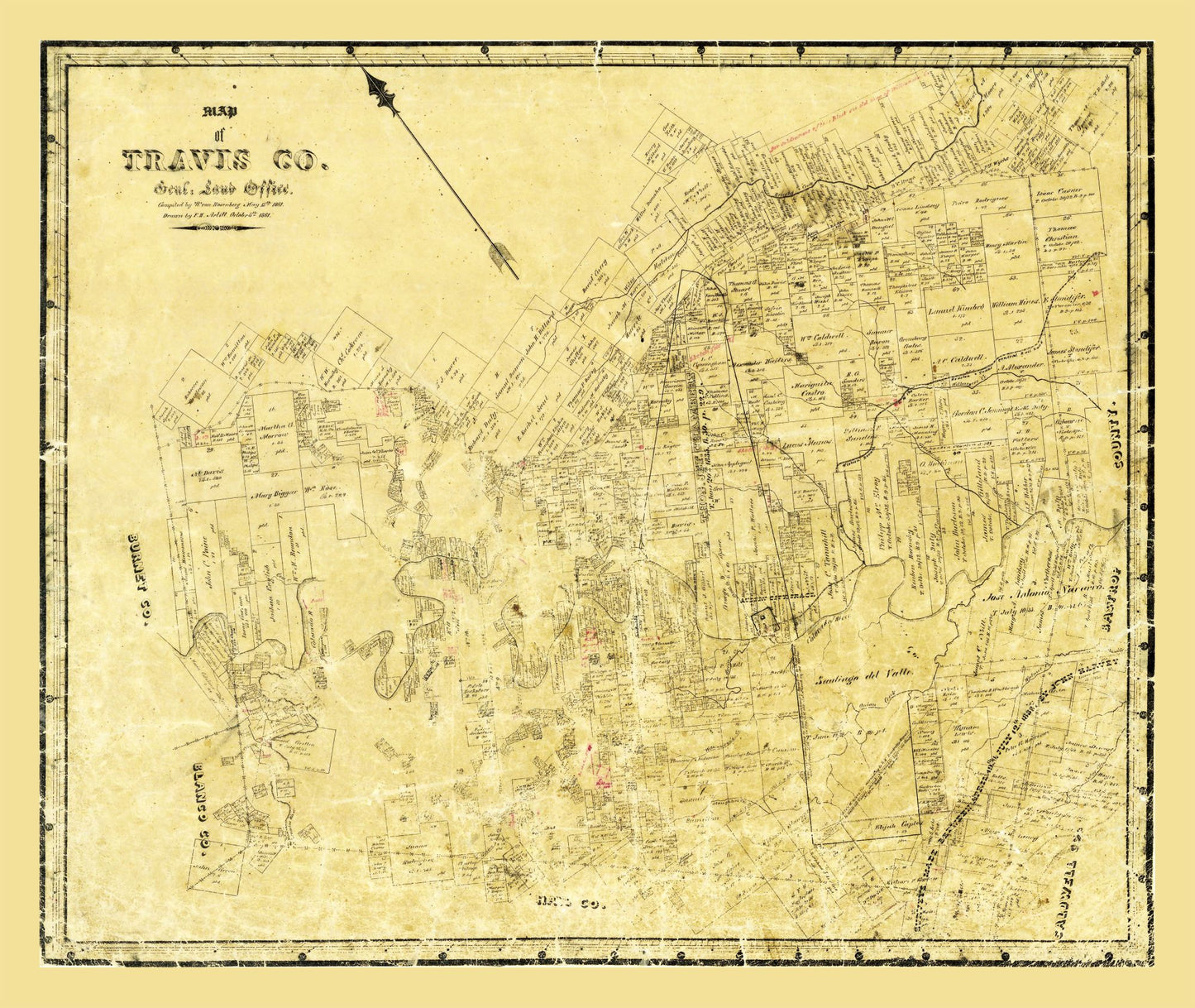 Historic County Map - Travis County Texas - Rosenberg 1861 - 27.28 x 23 - Vintage Wall Art