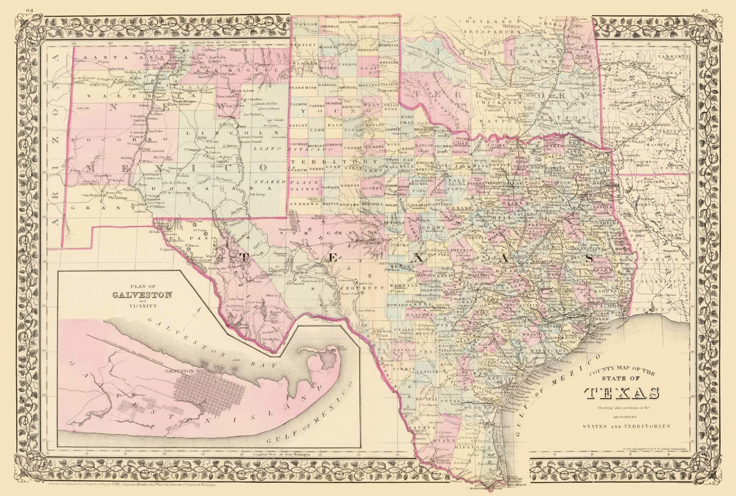 Historic State Map - Texas - Mitchell 1880 - 34.12 x 23 - Vintage Wall Art