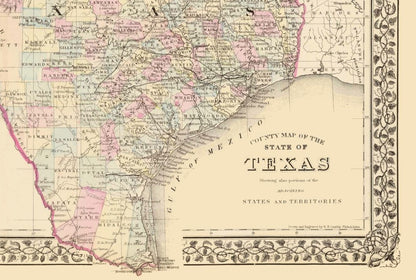 Historic State Map - Texas - Mitchell 1880 - 34.12 x 23 - Vintage Wall Art