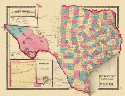 Historic State Map - Texas Northern - Walling 1872 - 29.71 x 23 - Vintage Wall Art