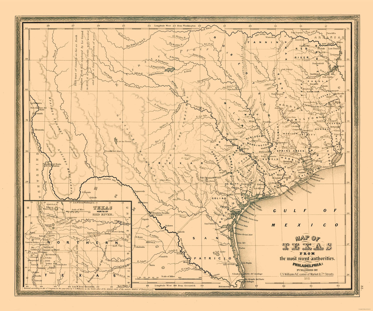 Historic State Map - Texas - Williams 1845 - 27.60 x 23 - Vintage Wall Art