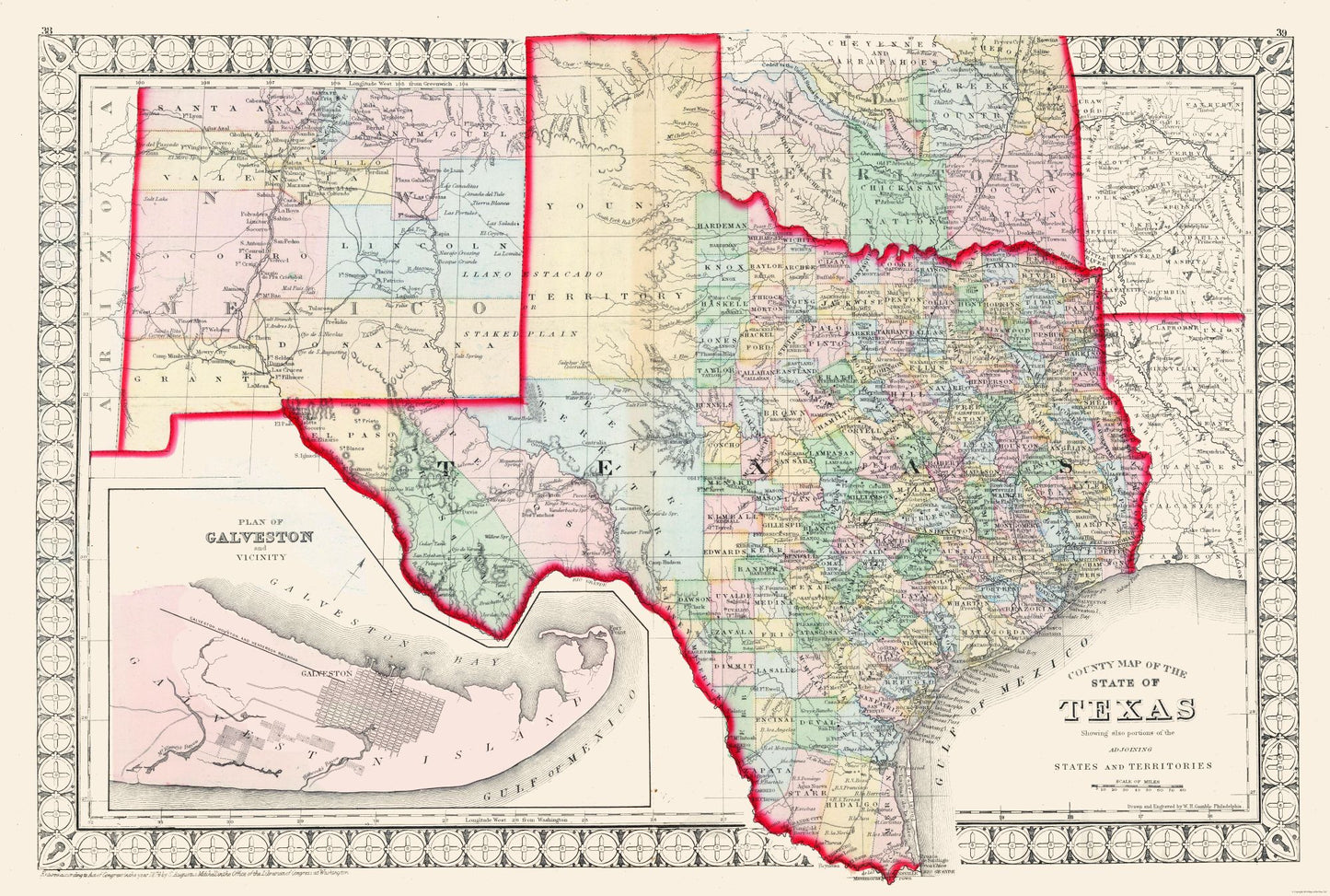 Historic State Map - Texas - Mitchell 1874 - 34.15 x 23 - Vintage Wall Art