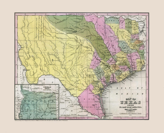 Historic State Map - Texas South East - Williams 1845 - 28.30 x 23 - Vintage Wall Art