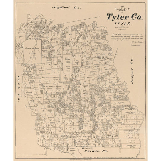 Historic County Map - Tyler County Texas - Walsh 1879 - Vintage Wall Art
