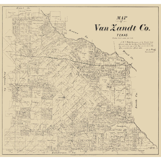 Historic County Map - Van Zandt County Texas - Walsh 1884 - Vintage Wall Art