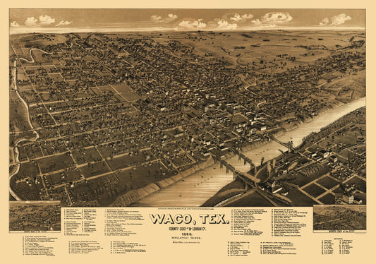 Historic Panoramic View - Waco Texas - Wellge 1886 - 23 x 32.82 - Vintage Wall Art