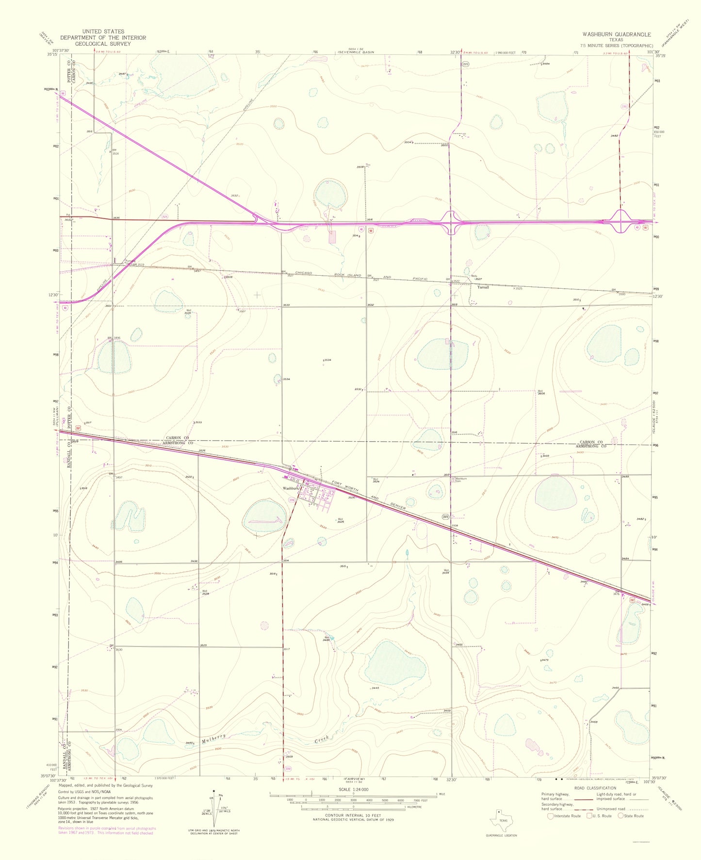 Topographical Map - Washburn Texas Quad - USGS 1975 - 23 x 28.21 - Vintage Wall Art