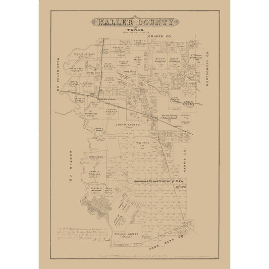 Historic County Map - Waller County Texas - Walsh 1879 - Vintage Wall Art