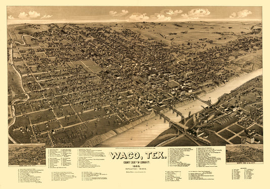 Historic Panoramic View - Waco Texas - Beck 1886 - 32.83 x 23 - Vintage Wall Art