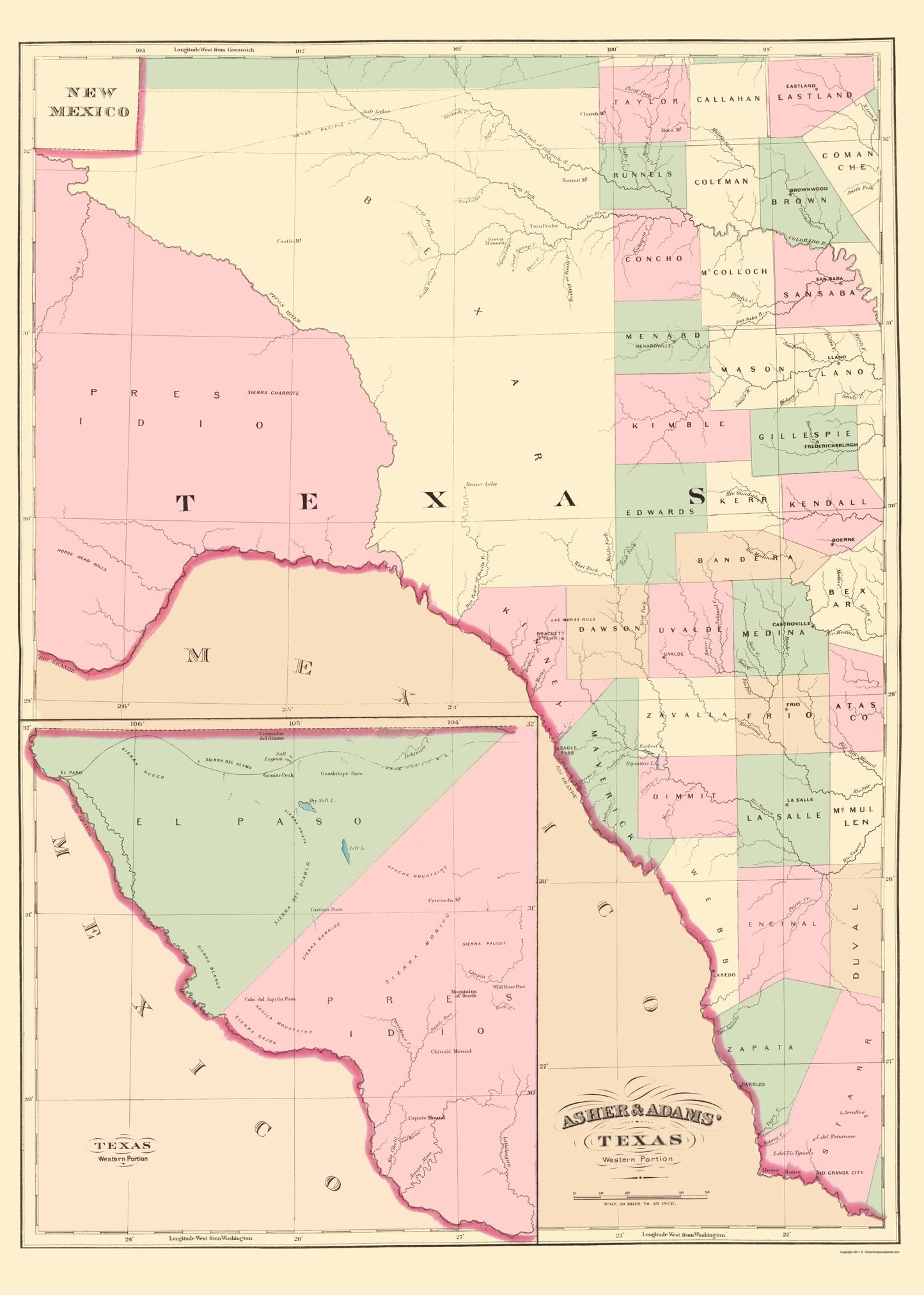 Historic State Map - Texas Western Portion - Asher 1874 - 23 x 32.21 - Vintage Wall Art