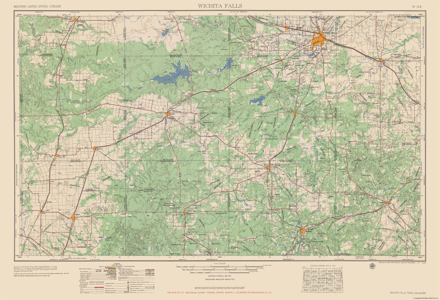 Topographical Map - Wichita Falls Texas Quad - USGS 1954 - 33.74 x 23 - Vintage Wall Art