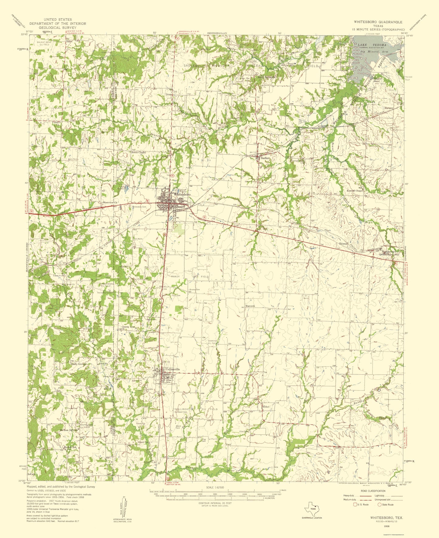 Topographical Map - Whitesboro Texas Quad - USGS 1959 - 23 x 28.18 - Vintage Wall Art