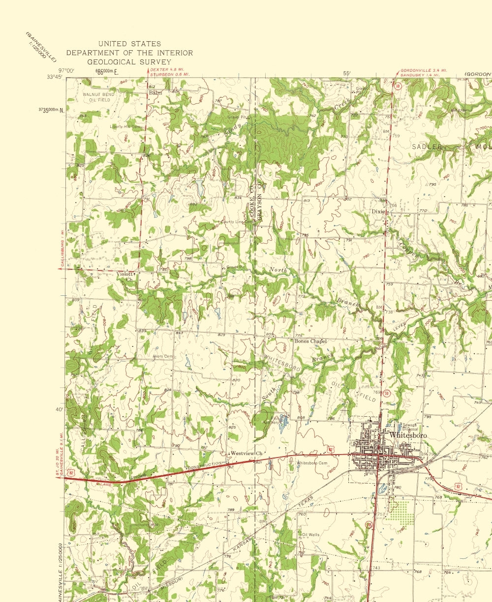 Topographical Map - Whitesboro Texas Quad - USGS 1959 - 23 x 28.18 - Vintage Wall Art