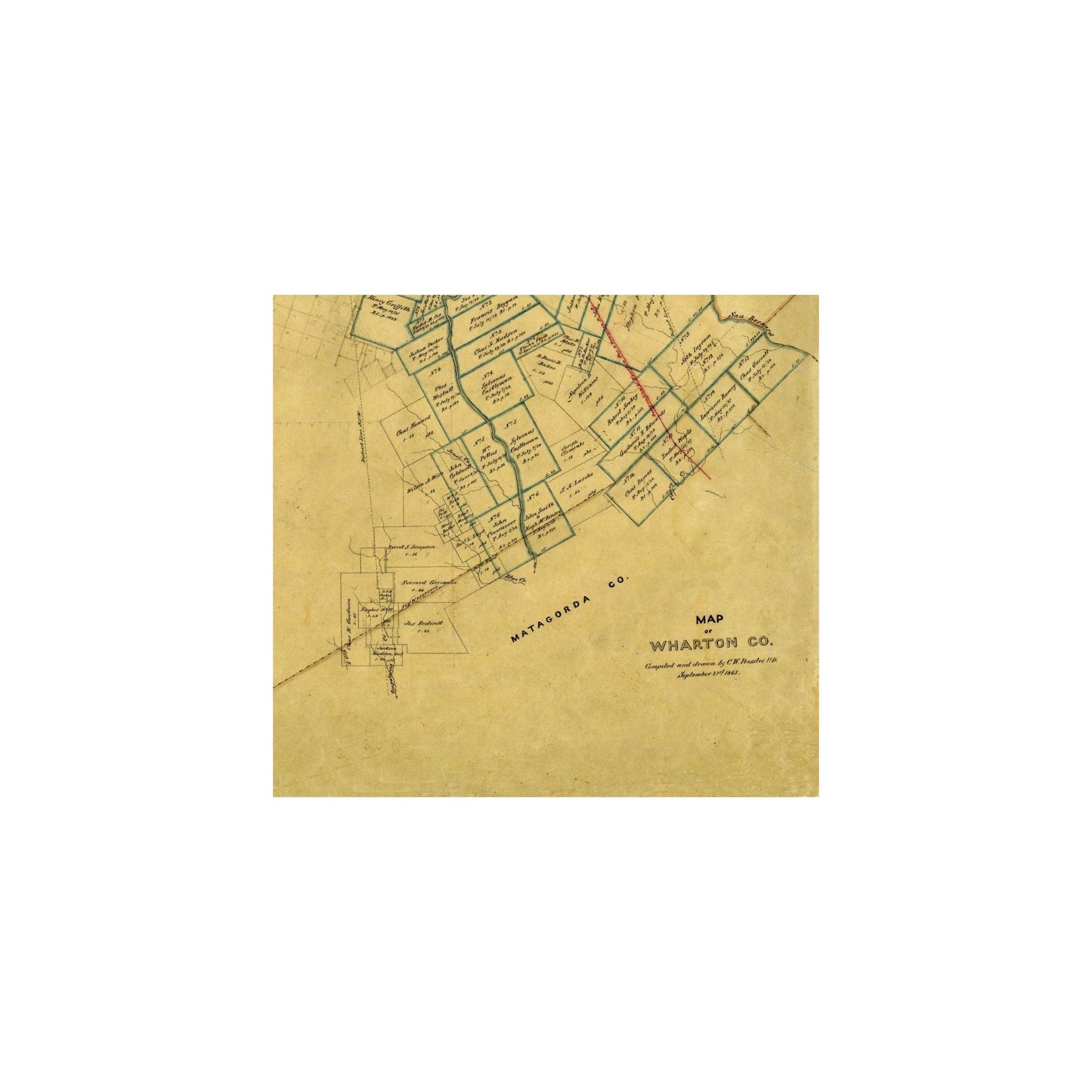Historic County Map - Wharton County Texas - Pressler 1865 - Vintage Wall Art