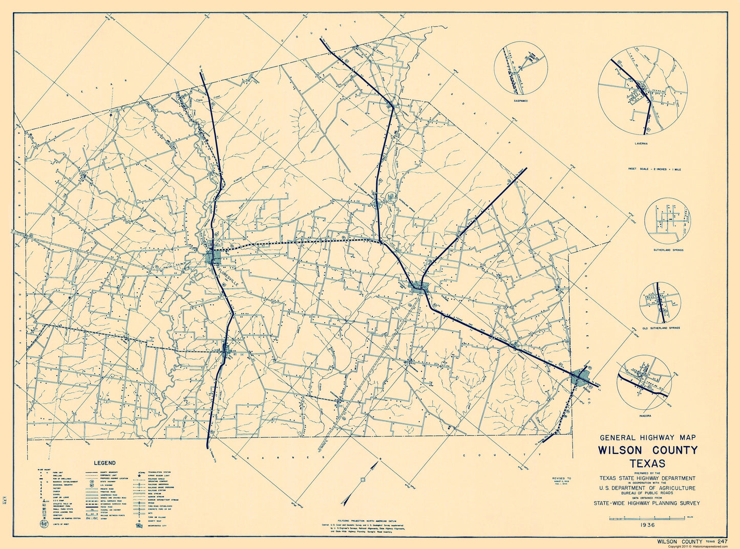 Historic County Map - Wilson County Texas - Highway Department 1936 - 23 x 30.97 - Vintage Wall Art