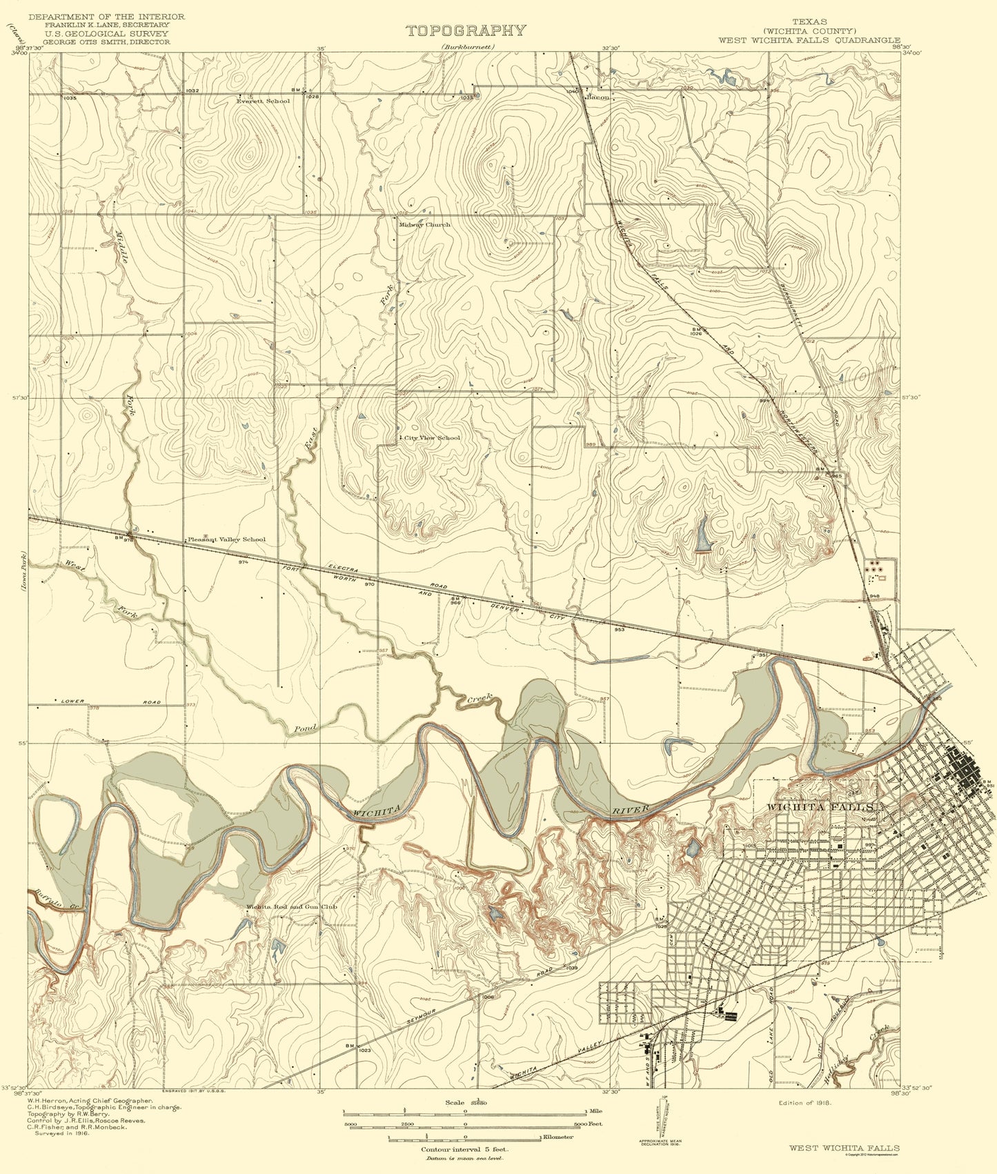 Topographical Map - Wichita Falls West Texas Quad - USGS 1918 - 23 x 27.09 - Vintage Wall Art