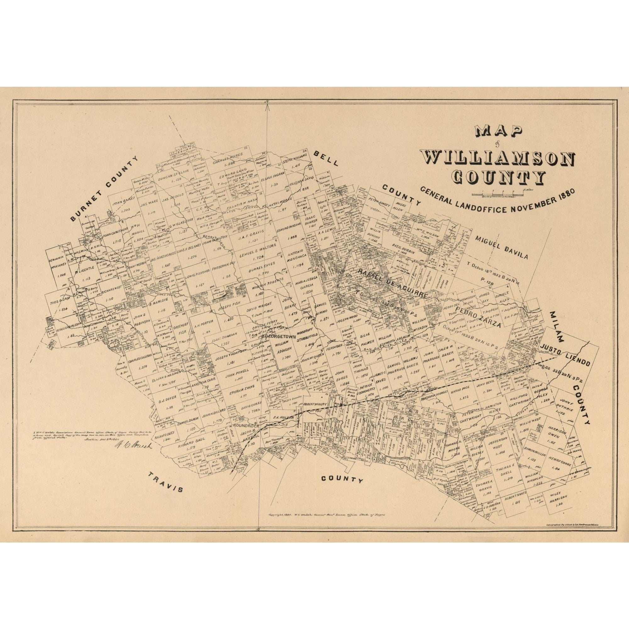 Williamson Valley Rd Map Historic County Map - Williamson County Texas - Walsh 1880 - 31.74 x 2 ...