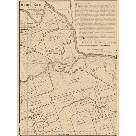 Historic County Map - Wilbarger County Texas - Nabers 1887 - Vintage Wall Art