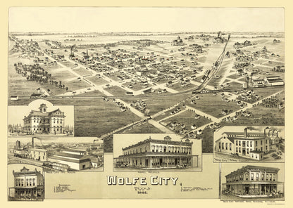 Historic Panoramic View - Wolfe City Texas - Fowler 1891 - 23 x 32.36 - Vintage Wall Art