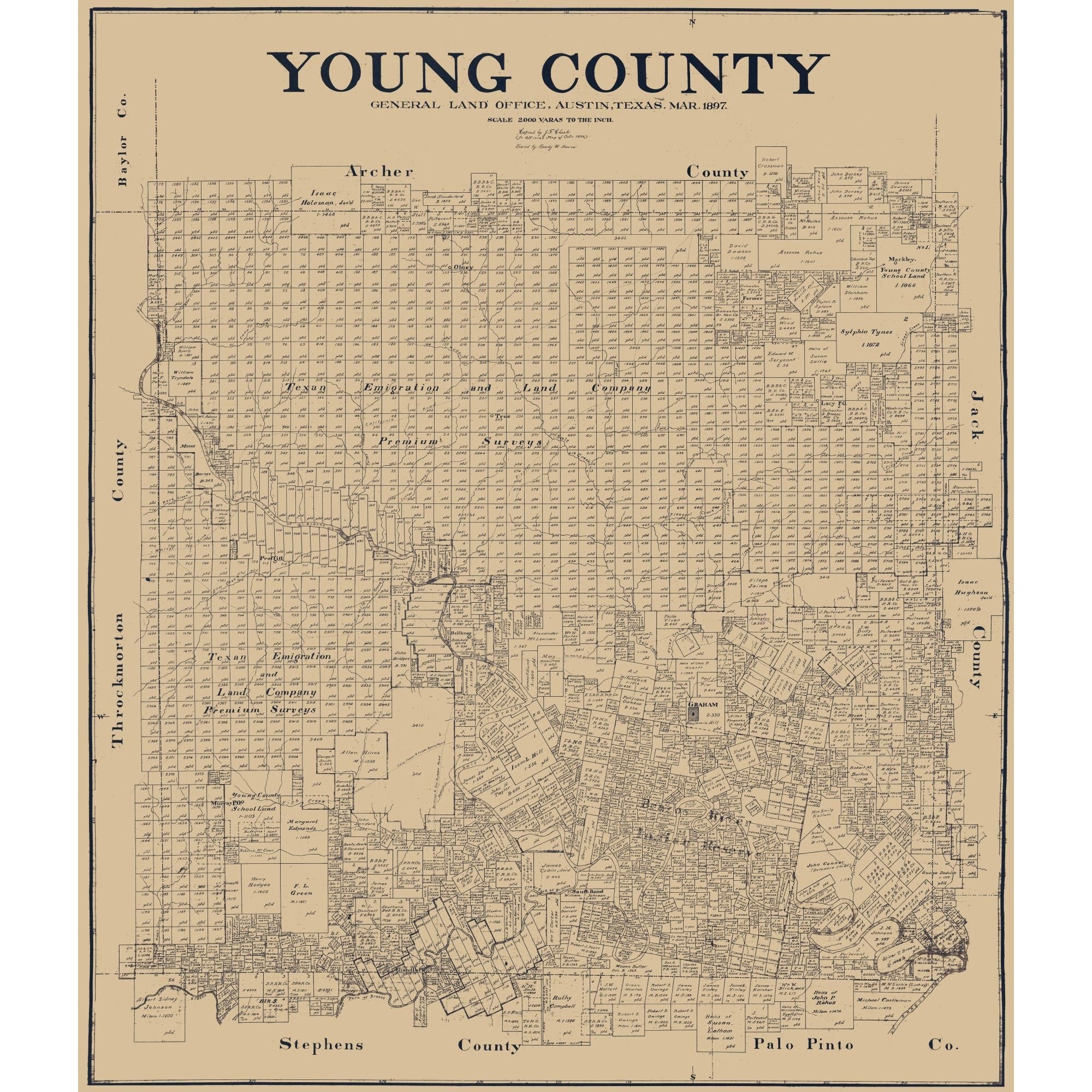 Historic County Map - Young County Texas - Clark 1897 - 23 x 26.84 - V ...
