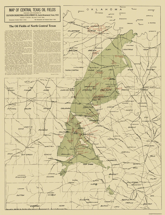 Historic State Map - Texas Central Oil Fields - 1918 - 23 x 30 - Vintage Wall Art