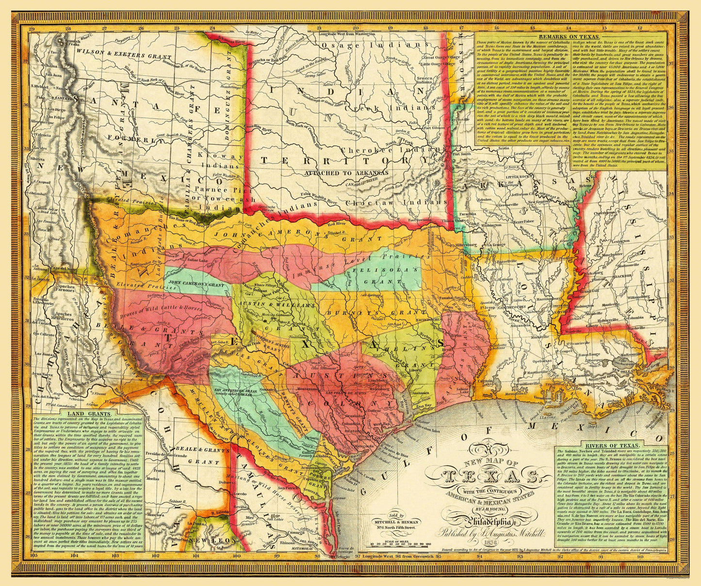 Historic State Map - Texas - Young 1836 - 27.5 x 23 - Vintage Wall Art