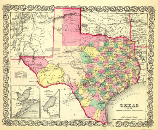 Historic State Map - Texas - Colton 1856 - 28 x 23 - Vintage Wall Art