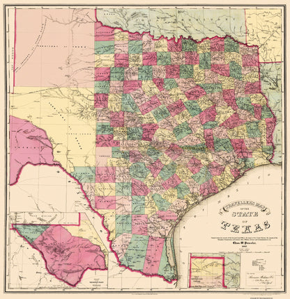 Historic State Map - Texas - Pressler 1867 - 23 x 23.75 - Vintage Wall Art