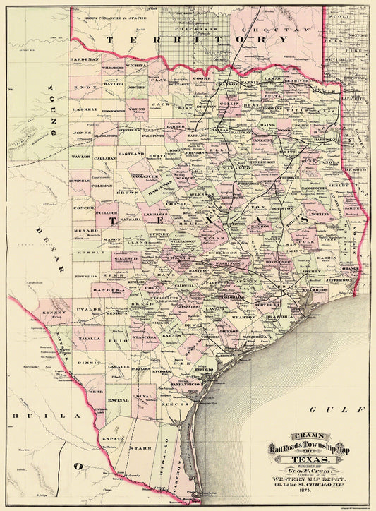 Historic State Map - Texas - Cram 1875 - 23 x 31.25 - Vintage Wall Art