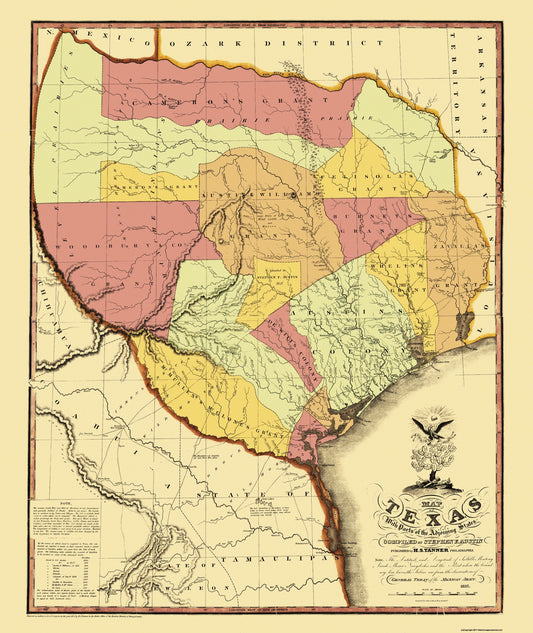 Historic State Map - Texas - Tanner 1837 - 23 x 27.31 - Vintage Wall Art